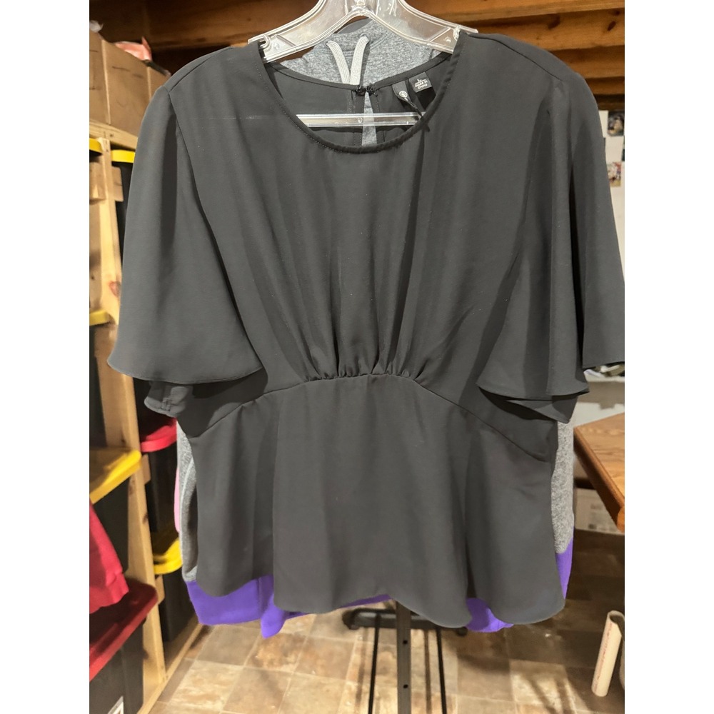 Versona Black Flutter Sleeve Peplum Blouse Top Large Keyhole Back Flowy